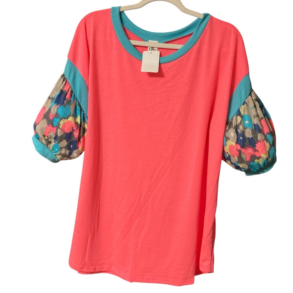 Sew In Love neon pink and Teal Short Sleeve Top